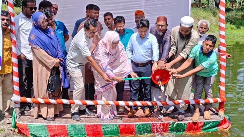 নীলফামারীর কিশোরগঞ্জে দেশীয় মাছের প্রজনন বৃদ্ধিতে ১৯টি জলাশয়ে পোনা মাছ অবমুক্ত করলেন বিলকিস ইসলাম