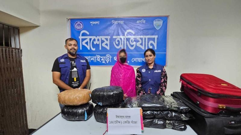 সোনাইমুড়ীতে ১৪ কেজি গাঁজাসহ তরুণী গ্রেপ্তার