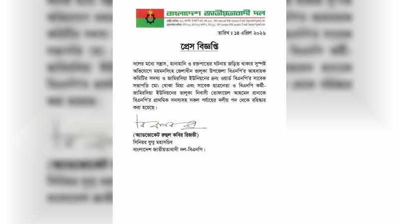 ভালুকায় বিএনপি নেতা খোকা ও তার ছেলেকে বহিষ্কার